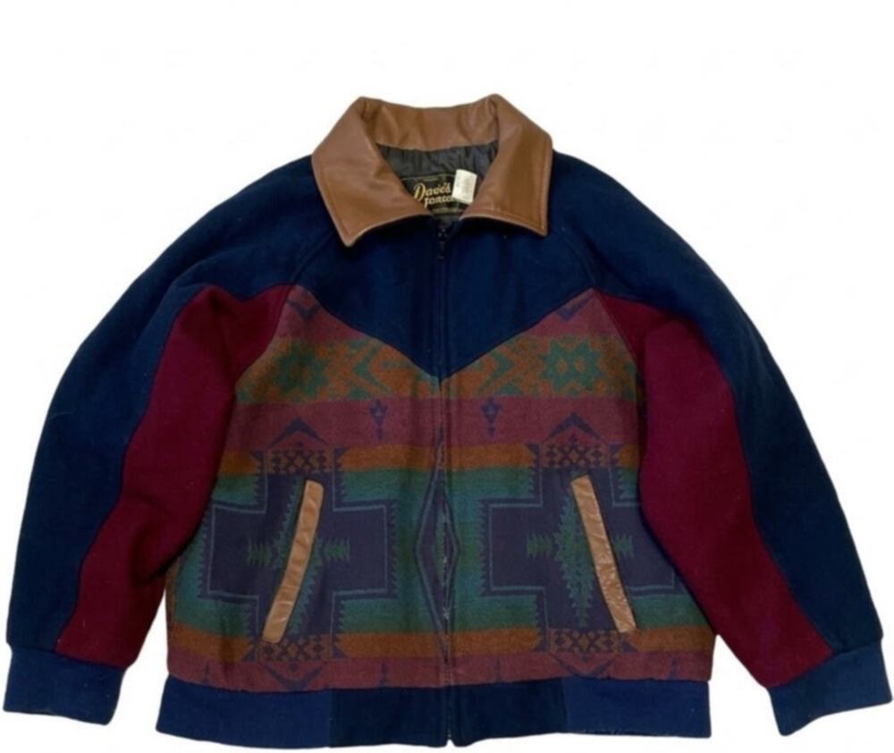 Vintage Davis James Southwestern Wool Blend Aztec Bomber Jacket Leather Collar L